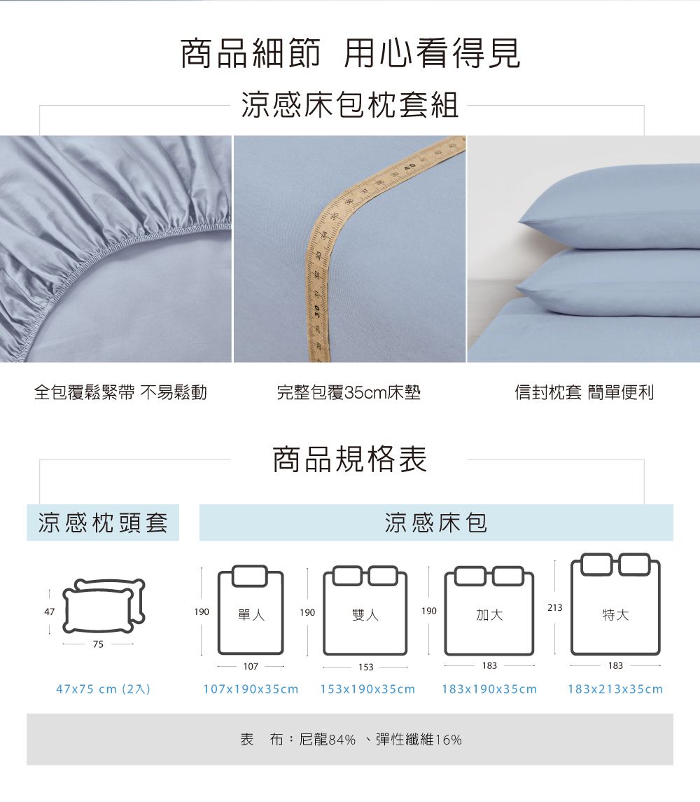 商品細節 用心看得見涼感床包枕套組全包覆鬆緊帶 不易鬆動完整包覆35cm床墊信封枕套 簡單便利商品規格表涼感枕頭套4775涼感床包213190 單人190雙人190加大特大47x75cm(2入)153107x190x35cm153x190x35cm183183183x190x35cm183x213x35cm表布:尼龍84%、彈性纖維16%