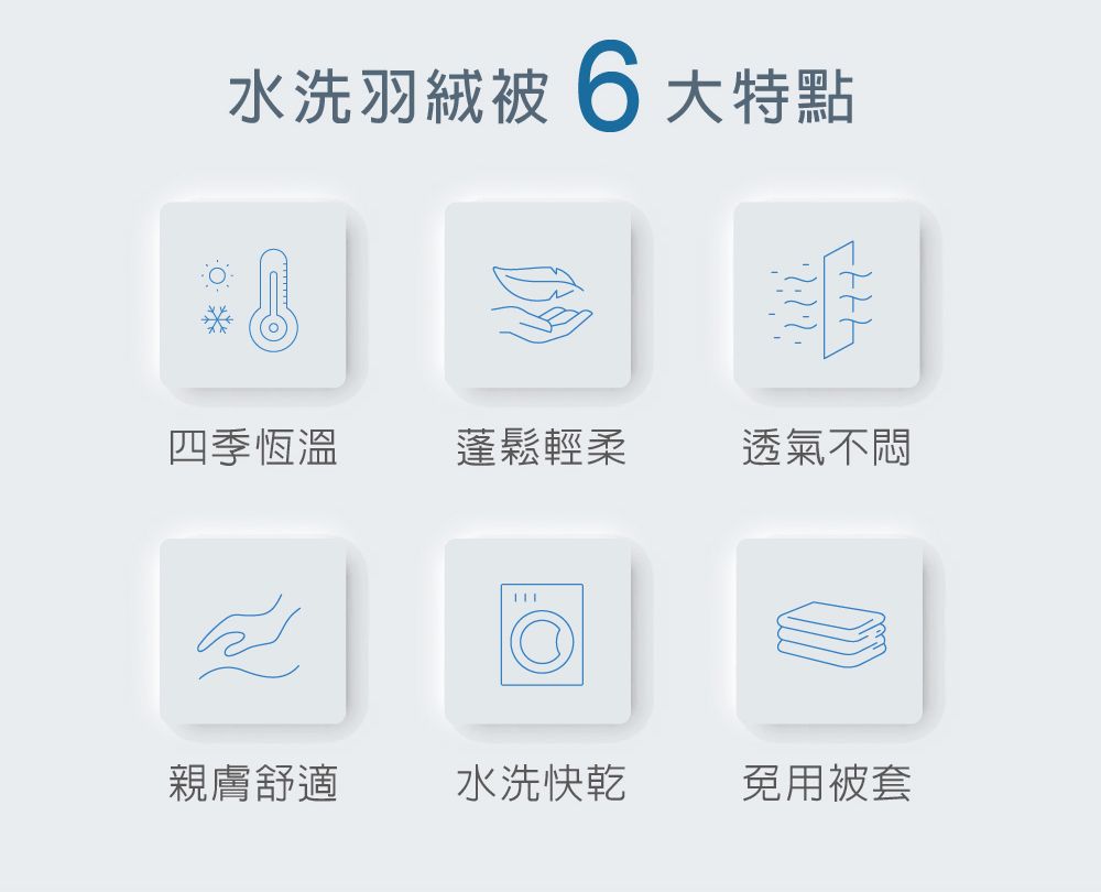 水洗羽絨被 6大特點四季恆溫蓬鬆輕柔透氣不悶親膚舒適水洗快乾免用被套