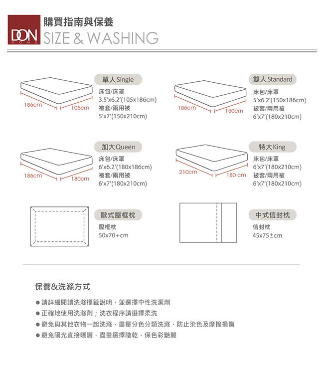 購買指南與保養DON SIZE & WASHING單人 Single床包/床罩3.5x6.2(105x186cm)雙人 Standard床包/床罩5x6.2(150x186cm)186cm105cm 被套/兩用被186cm150cm被套/兩用被5x7(150x210cm)(180x210cm)186cm加大Queen特大King床包/床罩床包/床罩(180x186cm)6x7(180x210cm)210cm被套/兩用被180cm 被套/兩用被180cm6x7(180x210cm)6x7(180x210cm)歐式壓框框枕50x70+cm保養&洗滌方式請詳細洗滌標籤說明並選擇中性洗潔劑正確地使用洗滌劑洗衣程序請選擇柔洗避免與其他衣物一起洗滌盡量分色分類洗滌防止染色及摩擦損傷▶避免陽光直接盡量選擇陰乾,保色彩中式枕信封枕45x75±cm