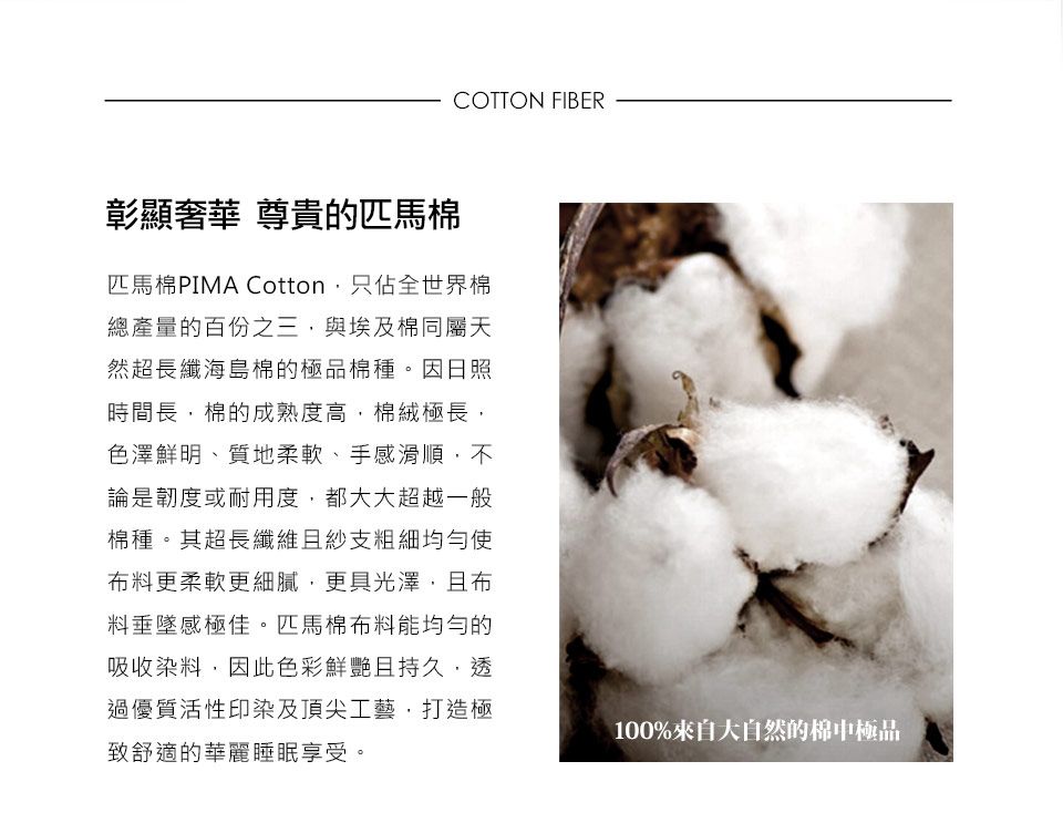 COTTON FIBER彰顯奢華 尊貴的匹馬棉匹馬棉PIMA Cotton只佔全世界棉總產量的與埃及棉同屬天然超長纖海島棉的極品棉種。因日照時間長棉的成熟度高棉絨極長色澤鮮明、質地柔軟、手感滑順,不論是韌度或耐用度,都大大超越一般棉種。其超長纖維且紗支粗細均勻使布料更柔軟更細膩,更具光澤,且布料垂墜感極佳。匹馬棉布料能均勻的吸收染料,因此色彩鮮艷且持久,透過優質活性印染及頂尖工藝,打造極致舒適的華麗睡眠享受。100%來自大自然的棉中極品