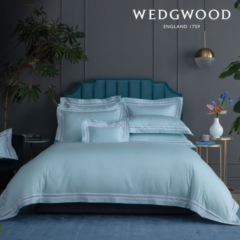 【WEDGWOOD】薄荷藍 400織長纖棉蕾絲被套枕套組-加大