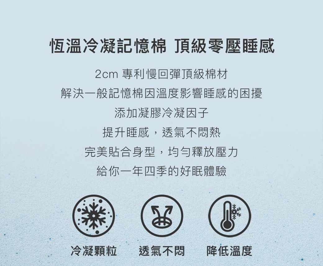 恆溫冷凝記憶棉 頂級零壓睡感2cm 專利慢回彈頂級棉材解決一般記憶棉因溫度影響睡感的困擾添加凝膠冷凝因子提升睡感,透氣不熱完美貼合身型,均勻釋放壓力給你一年四季的好眠體驗57冷凝顆粒透氣不悶 降低溫度