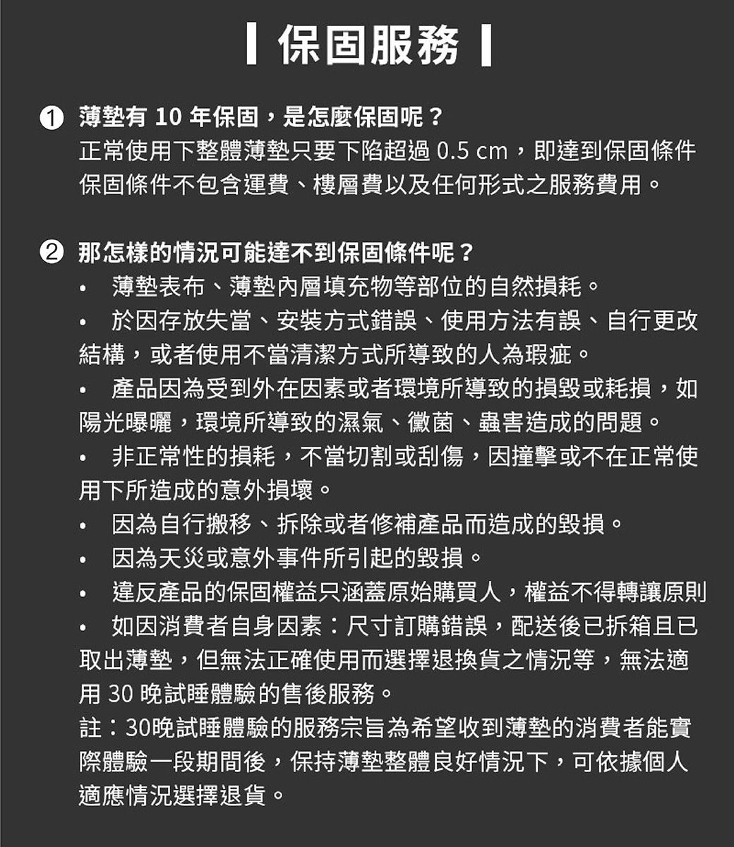 保固  薄有 10 年保固,是怎麼保固呢?正常使用下整體薄墊只要下陷超過0.5cm,即達到保固條件保固條件不包含運費、樓層費以及任何形式之服務費用。 那怎樣的情況可能達不到保固條件呢?薄墊表布、薄墊內層填充物等部位的自然損耗。於因存放失當、安裝方式錯誤、使用方法有誤、自行更改結構,或者使用不當清潔方式所導致的人為瑕疵。產品因為受到外在因素或者環境所導致的損毀或耗損,如陽光曝曬,環境所導致的濕氣、黴菌、蟲害造成的問題。非正常性的損耗,不當切割或刮傷,因撞擊或不在正常使用下所造成的意外損壞。因為自行搬移、拆除或者修補產品而造成的毀損。因為天災或意外事件所引起的毀損。違反產品的保固權益只涵蓋原始購買人,權益不得轉讓原則如因消費者自身因素:尺寸訂購錯誤,配送後已拆箱且已取出薄墊,但無法正確使用而選擇退換貨之情況等,無法適用 30 晚試睡體驗的售後服務。註:30晚試睡體驗的服務宗旨為希望收到薄墊的消費者能實際體驗一段期間後,保持薄墊整體良好情況下,可依據個人適應情況選擇退貨。