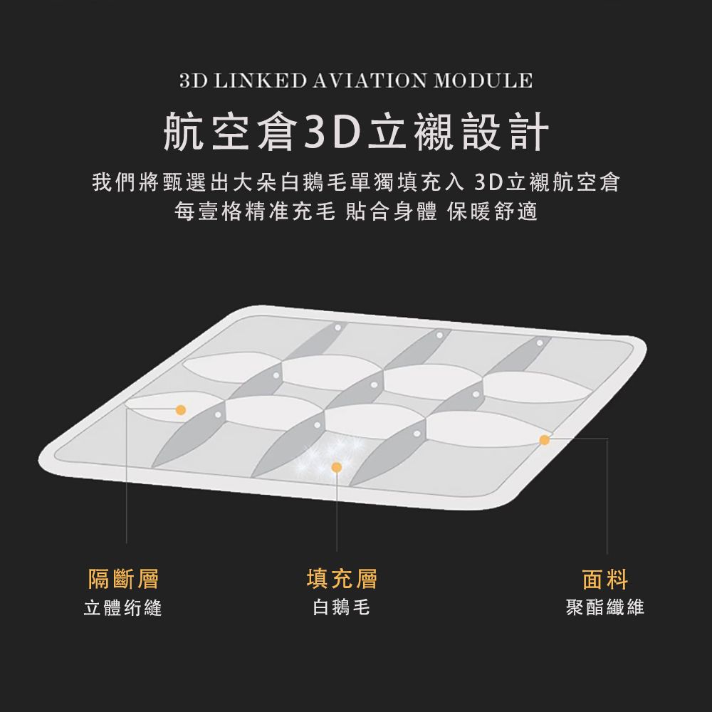 3D LINKED AVIATION MODULE航空 倉3D立襯設計我們將甄選出大朵白鵝毛單獨填充入3D立襯航空 倉每壹格精准充毛 貼合身體 保暖舒適隔斷層填充層面料立體绗縫白鵝毛聚酯纖維