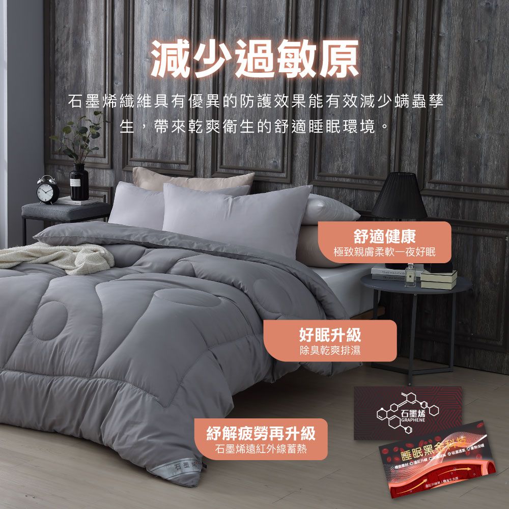 減少過敏原石墨烯纖維具有優異的防護效果能有效減少螨蟲孳生,帶來乾爽衛生的舒適睡眠環境。舒適健康極致親膚柔軟一夜好眠好眠升級除臭乾爽排濕紓解疲勞再升級石墨烯遠紅外線蓄熱石墨烯GRAPHENE 睡眠