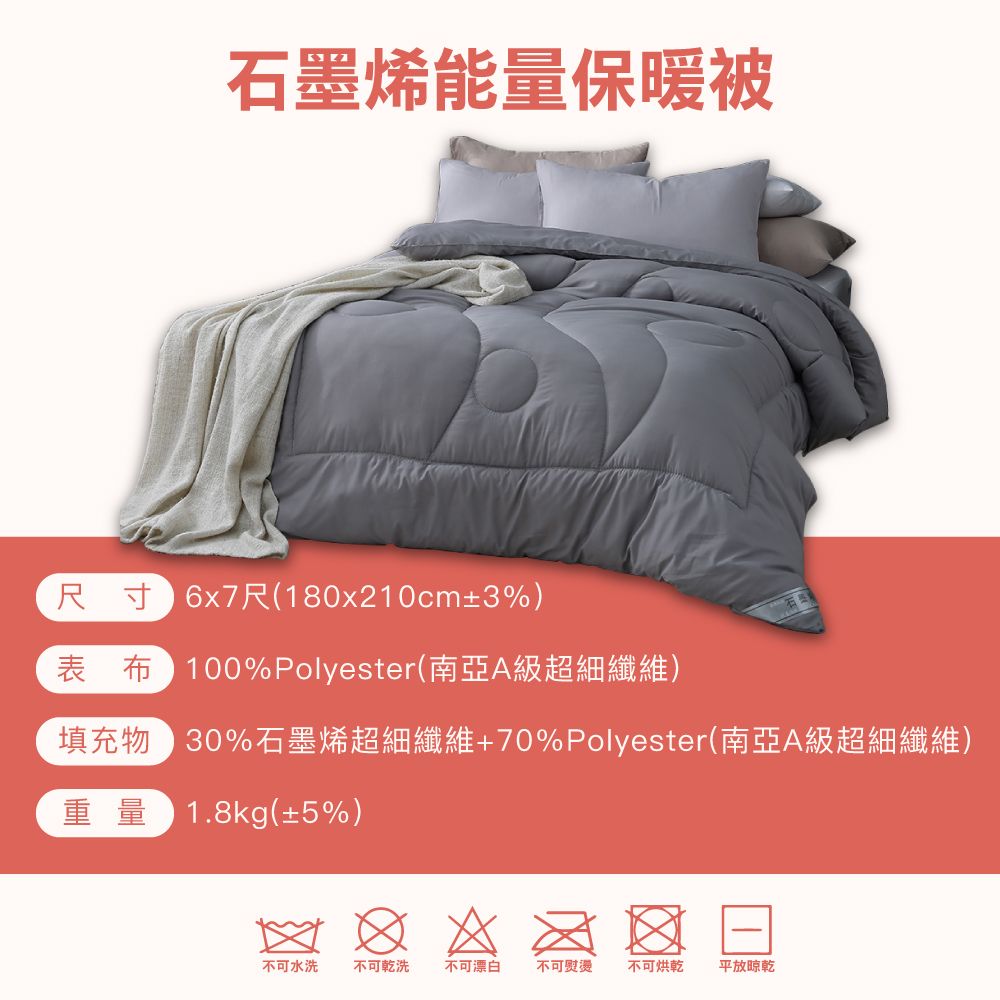 石墨烯能量保暖被尺寸 6x7尺(180x210cm±3%)表布100%Polyester(南亞A級超細纖維)填充物 30%石墨烯超細纖維+70% Polyester(南亞A級超細纖維)重量1.8kg(±5%)    不可水洗不可乾洗 不可漂白 不可熨燙 不可烘乾 平放晾乾