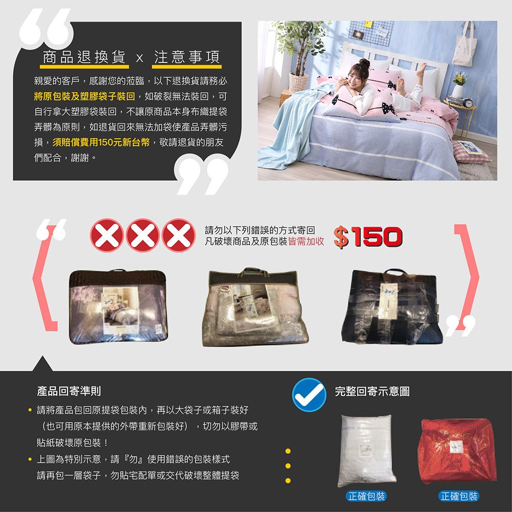 商品退換貨  注意事項親愛的客戶,感謝您的蒞臨,以下退換貨請務必將原包裝及塑膠袋子裝回,如破裂無法裝回,可自行拿大塑膠袋裝回,不讓原商品本身布織提袋弄髒為原則,如退貨回來無法加袋使產品弄髒污損,須賠償費用150元新台幣,敬請退貨的朋友們配合,謝謝。請勿以下列錯誤的方式寄回凡破壞商品及原包裝皆需加收 150產品回寄準則 請將產品包回原提袋包裝內,再以大袋子或箱子裝好(也可用原本提供的外帶重新包裝好,切勿以膠帶或貼紙破壞原包裝! 上圖為特別示意,請『勿』使用錯誤的包裝樣式請再包一層袋子,勿貼宅配單或交代破壞整體提袋完整回寄示意圖正確包裝正確包裝)