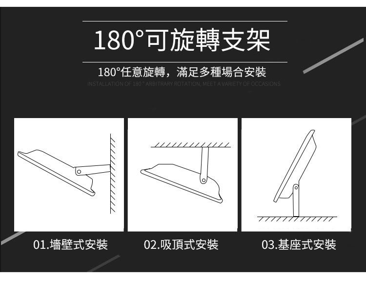 °可旋轉支架180°任意旋轉,滿足多種場合安裝INSTALEATION OF 180 ARBITRARY ROTATION MEET AVARIETY OF OCCASIONS01.墻壁式安裝02.吸頂式安裝03.基座式安裝