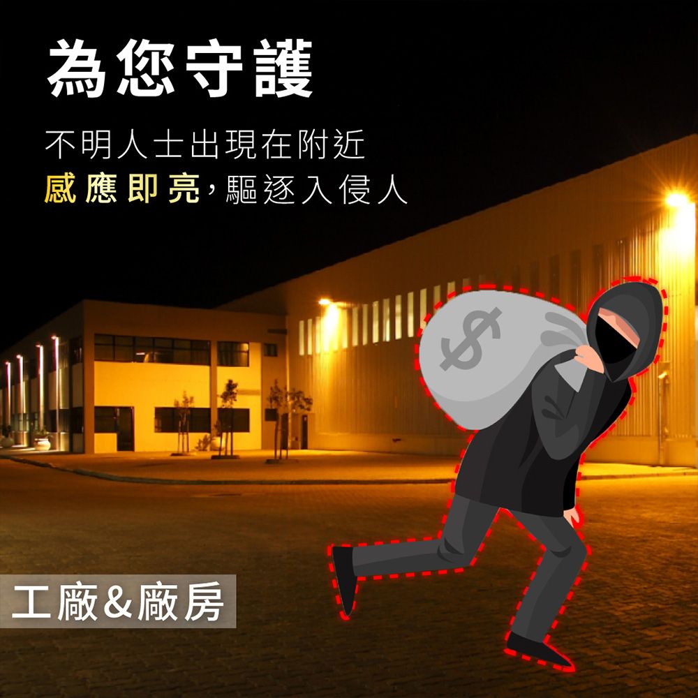 為您守護不明人士出現在附近感應即亮,驅逐入侵人工廠&廠房