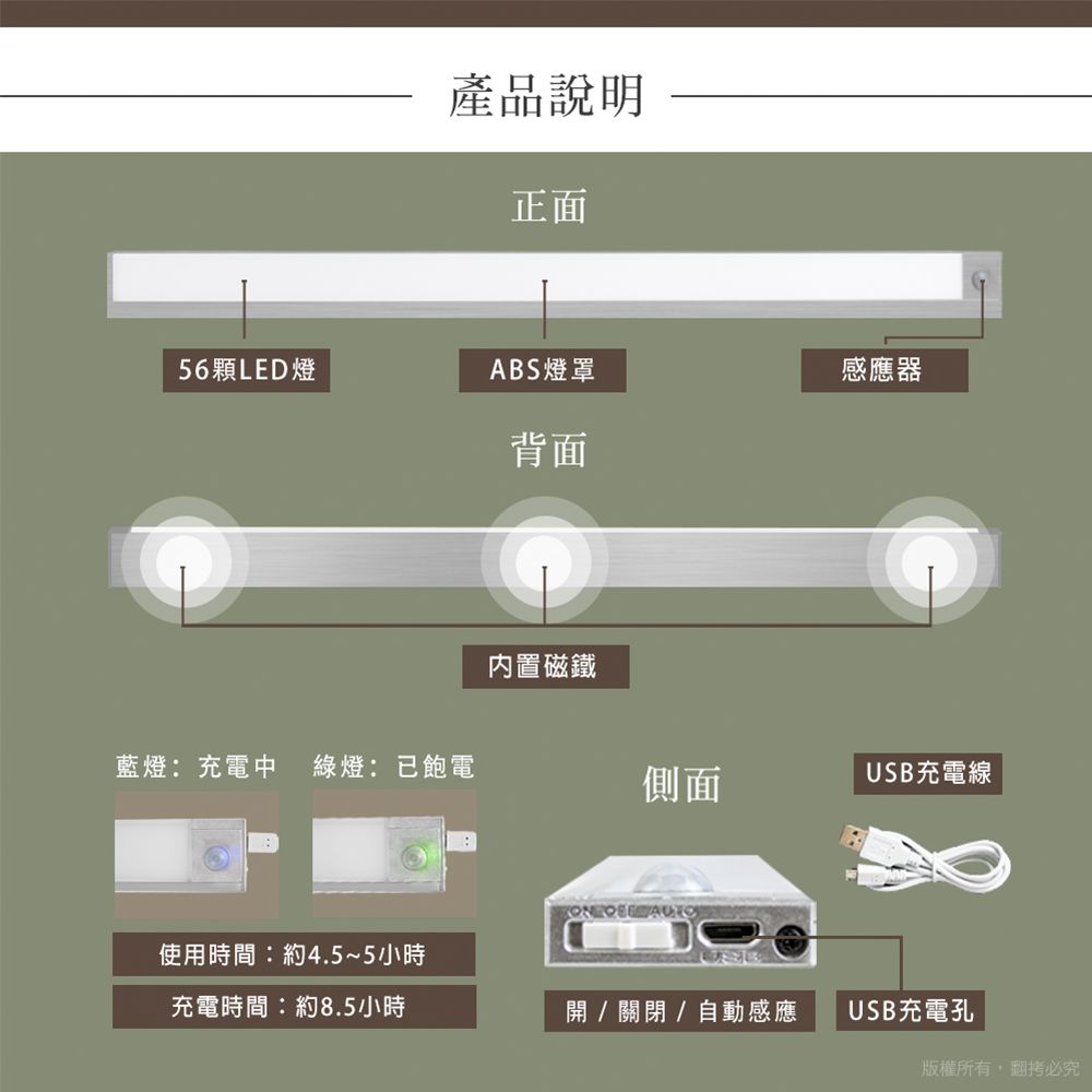  [福利品]超薄大光源 USB充電磁吸式 加長LED感應燈(60cm)-白光