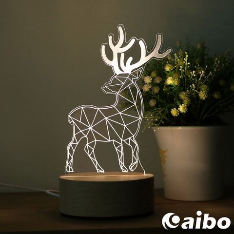 北歐風3D立體造型 LED原木底座USB小夜燈(線控開關)-萌萌小鹿