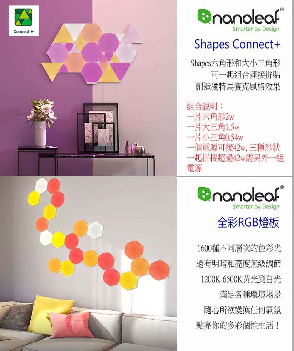 Connect +Smarter by DesignShapes Connect+Shapes六角形和大小三角形可一起組合連接拼貼創造獨特馬賽克風格效果組合說明:一片六角形2w一片大三角1.5w一片小三角0.54w一個電源可接42w,三種形狀一起拼接超過42w需另外一組電源Smarter by Design全彩RGB燈板1600種不同層次的色彩光還有明暗和亮度無級調節1200K-6500K 黃光到白光滿足各種環境場景隨心所欲變換任何氣氛點亮你的多彩個性生活!