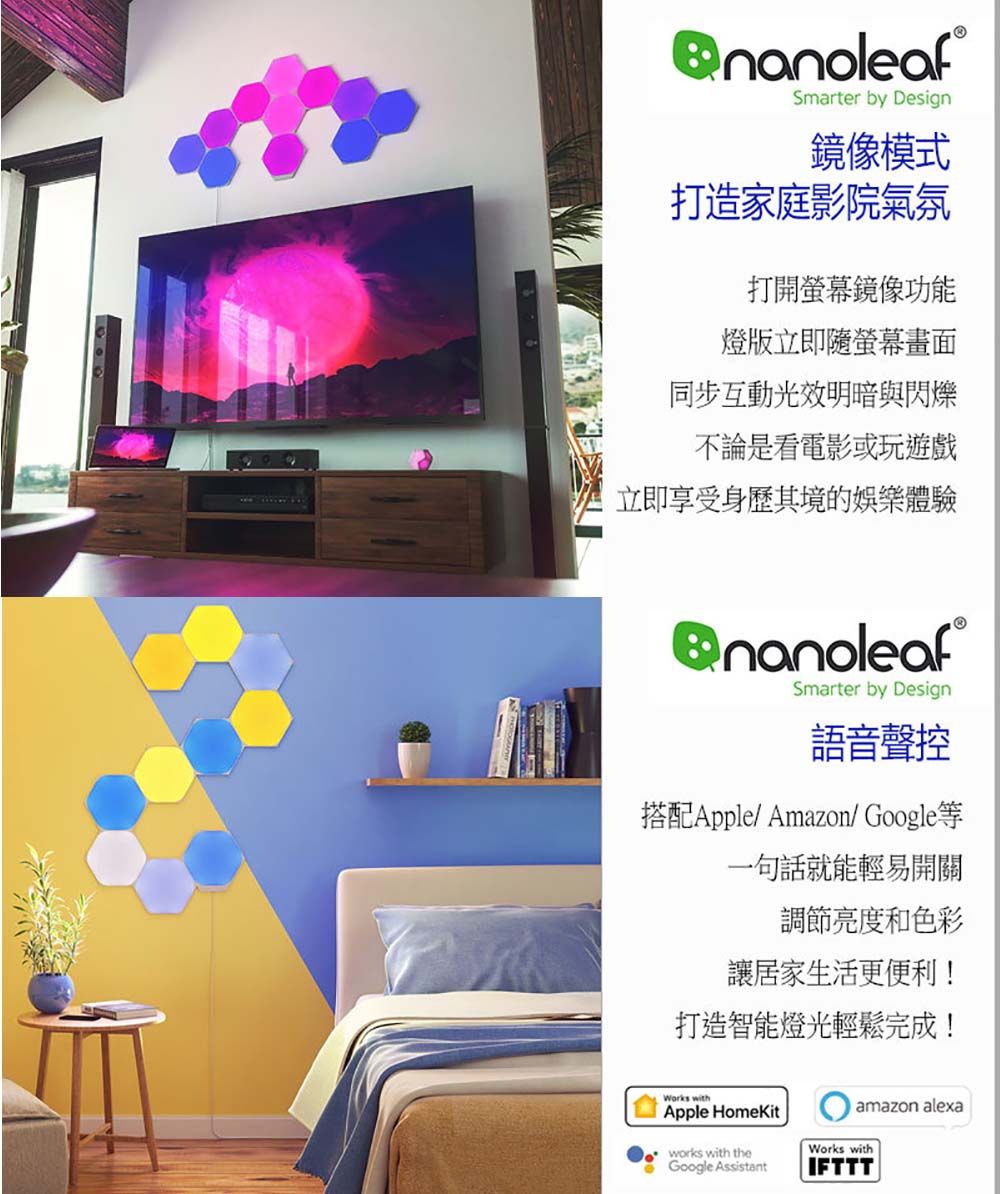 Smarter by Design鏡像模式打造家庭影院氣氛打開螢幕鏡像功能燈版立即螢幕畫面同步互動光效明暗與閃爍不論是看電影或玩遊戲立即享受身歷其境的娛樂體驗®Smarter by Design語音聲控搭配Apple/ Amazon/ Google等一句話就能輕易開關調節亮度和色彩讓居家生活更便利!打造智能燈光輕鬆完成!Works withamazon alexaApple HomeKit works with theGoogle AssistantWorks withIFTTT