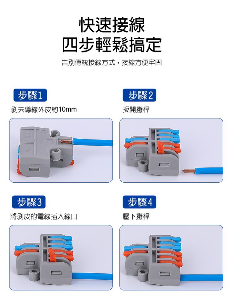 快速接線四步輕鬆搞定告別傳統接線方式,接線方便牢固步驟1步驟2剝去導線外皮約10mm扳開撥桿步驟3步驟4將剝皮的電線插入線口壓下撥桿