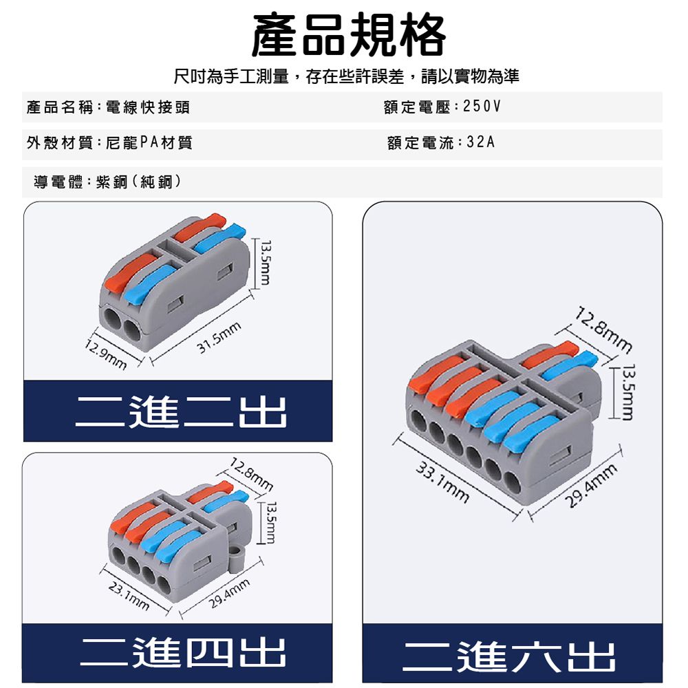 產品規格尺吋為手工測量存在些許誤差,請以實物為準產品名稱:電線快接頭外殼材質:尼龍PA材質導電體:紫銅(純銅)12.9mm31.5mmm二進二出23.1mm12.8mm額定電壓:250V額定電流:32A29.4mm13.5mm,二進四出33.1mm12.8mm13.5m29.4mm二進六出