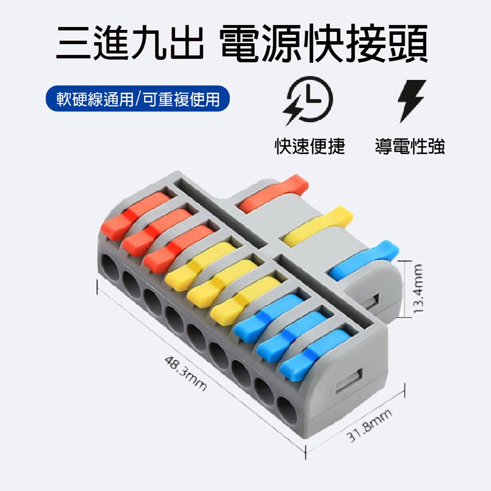 三進九出 電源接頭軟硬線通用/可重複使用快速便捷483mm31.8mm導電性強13.4mm