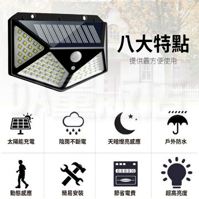  100LED 太陽能壁燈 戶外照明燈 人體感應燈 露營燈 庭院燈 車庫燈