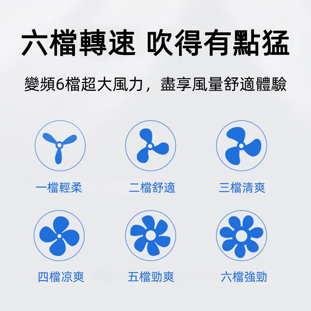 六轉速 吹得有點猛變頻6檔超大風力,盡享風量舒適體驗一檔輕柔二檔舒適三檔清爽四檔凉爽五檔勁爽六檔強勁