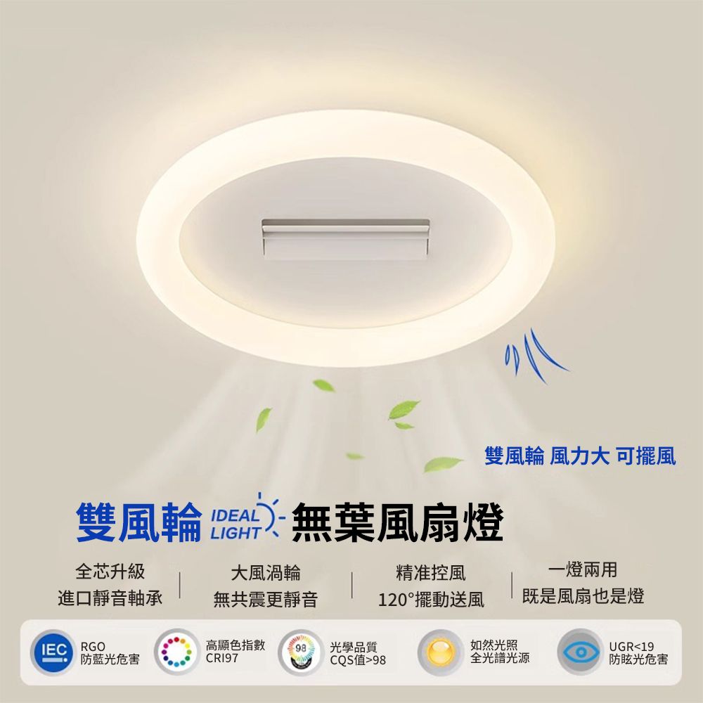 雙風輪 IDEALLIGHT雙風輪 風力大 可擺風無葉風扇燈全芯升級大風渦輪精准控風進口靜音軸承無共震更靜音120擺動送風一燈兩用既是風扇也是燈IEC RGO高顯色指數 98光學品質如然光照UGR19防藍光危害CR197CQS值98全光譜光源防眩光危害