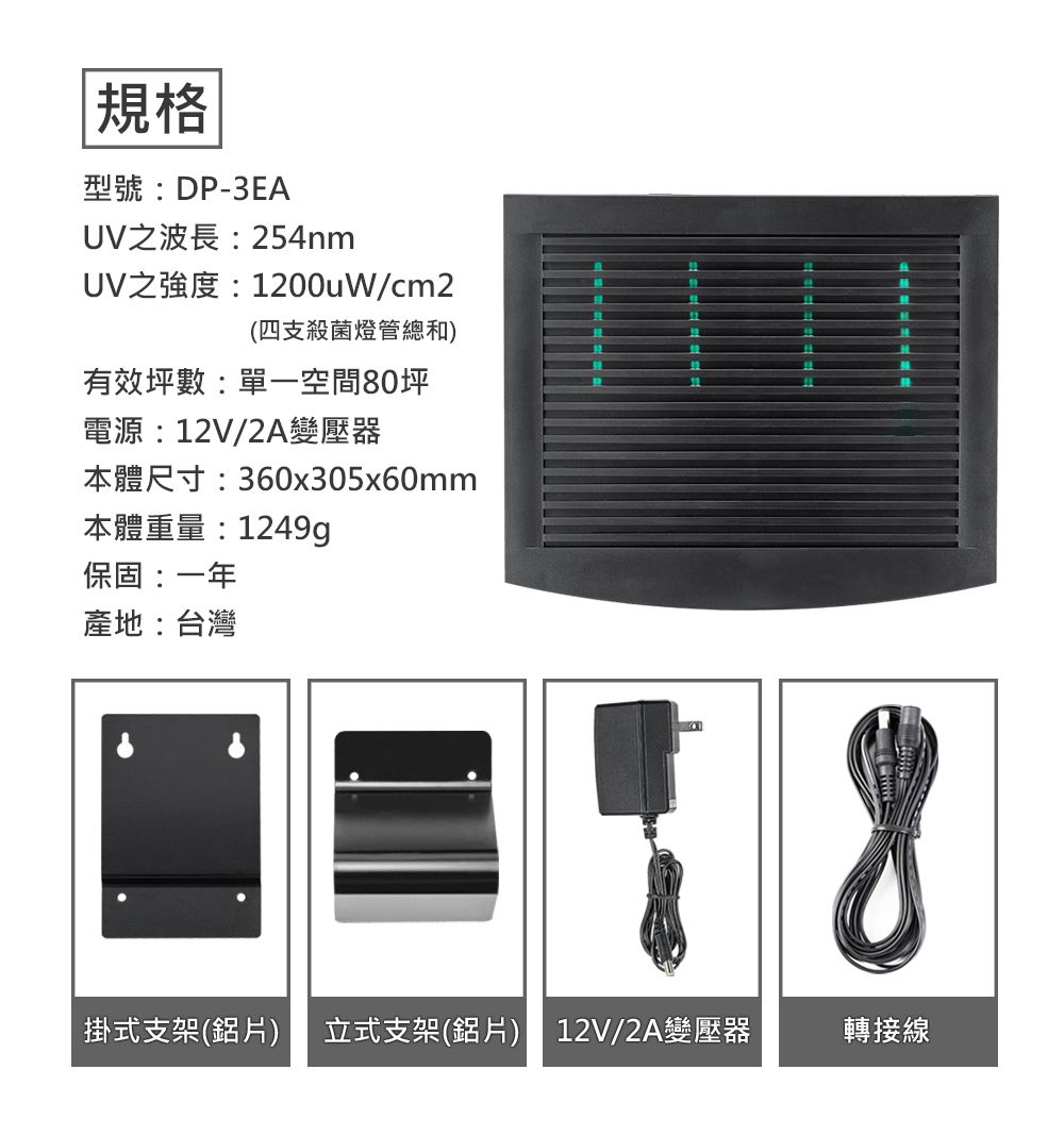 規格型號:DP-3EAUV之波長:254nmUV之強度:1200uW/cm2(四支殺菌燈管總和)有效坪數:單一空間80坪電源:12V/2A變壓器本體尺寸:360x305x60mm本體重量:1249g保固:一年產地:台灣18| 掛式支架(鋁片) 立式支架(鋁片) 12V/2A變壓器轉接線