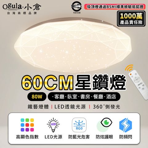 Ogula 小倉 80W吸頂燈 三色無極調光 台灣BSMI認證 LED吸頂燈 星鑽燈 鑽石星空燈【直徑60cm 無極調光】