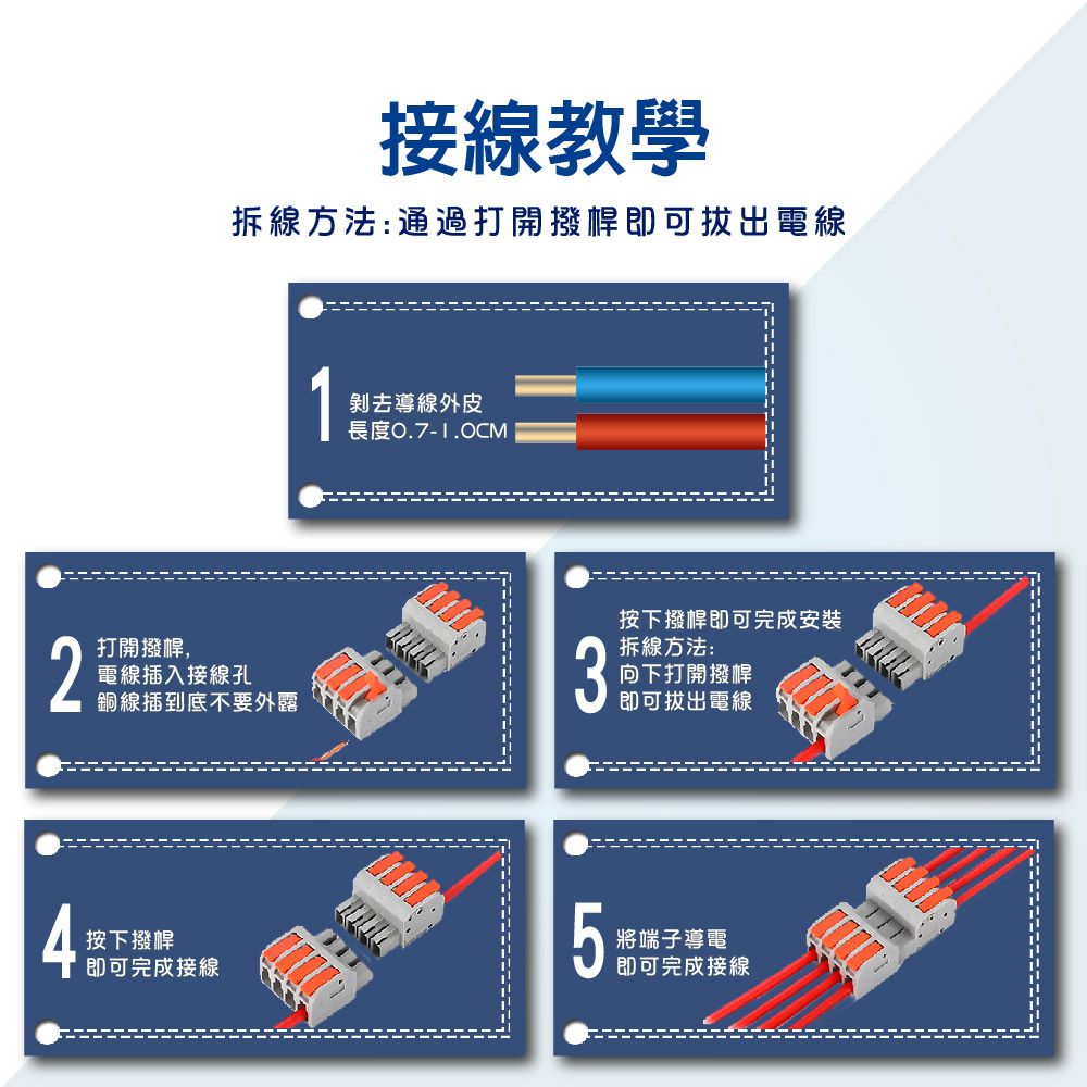 接線教學拆線方法:通過打開撥桿即可拔出電線1剝去導線外皮長度0.7-1.0CM按下撥桿即可完成安裝拆線方法:打開撥桿,電線插入接線孔3向下打開撥桿銅線插到底不要外露即可拔出電線按下撥桿即可完成接線 25將端子導電即可完成接線