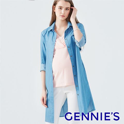 Gennies 奇妮 經典牛仔款長版襯衫洋裝/外套(淺藍)