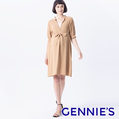 Gennies 奇妮 假兩件公主袖綁帶哺乳洋裝(卡其)