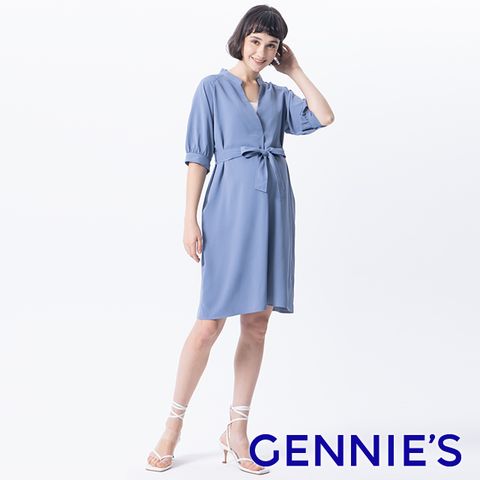 Gennies 奇妮 假兩件公主袖綁帶哺乳洋裝(藍)