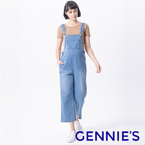 【Gennies奇妮】率性寬版吊帶孕婦牛仔褲(藍TJL02)