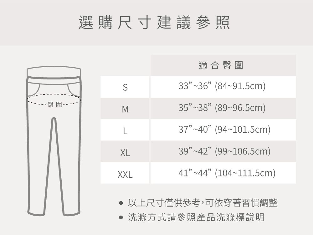 選購尺寸建議參照臀圍-SΣ適合臀圍33~36(84~91.5cm)35~38(89~96.5cm)L37~40(94~101.5cm)XL39~42(99~106.5cm)XXL41~44”(104~111.5cm) 以上尺寸僅供參考,可依穿著習慣調整 洗滌方式請參照產品洗滌標說明