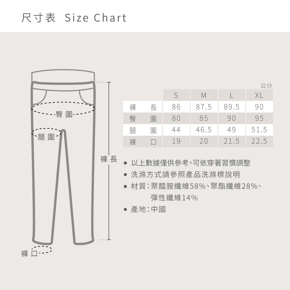 尺寸表 ize Chart腿-長圍圍褲褲公分S86 XL87.589.5908085909549624 146.5494951.520 21.522.5 以上數據僅供參考,可依穿著習慣調整 洗滌方式請參照產品洗滌標說明 材質:聚醯胺纖維58%、聚酯纖維28%、彈性纖維14% 產地:中國