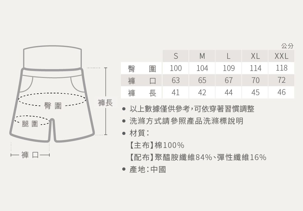 褲長腿圍公分SMXLXXL100104109114118褲6365677072褲 長 4142444546 以上數據僅供參考,可依穿著習慣調整洗滌方式請參照產品洗滌標說明 材質:【主布】棉100%【配布】聚醯胺纖維84%、彈性纖維16% 產地:中國