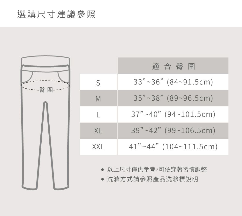 選購尺寸建議參照適合臀圍S3336(84~91.5cm)-臀圍-M35~38(89~96.5cm)L37~40(94~101.5cm)XL39~42(99~106.5cm)XXL41 44 (104~111.5cm) 以上尺寸僅供參考,可依穿著習慣調整洗滌方式請參照產品洗滌標說明