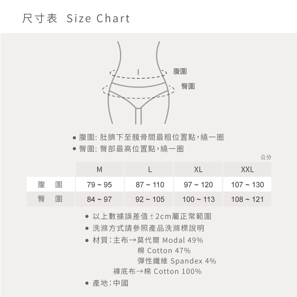 尺寸表 Size hartC 腹圍臀圍腹圍: 肚臍下至髖骨間最粗位置點,繞一圈 臀圍: 臀部最高位置點,繞一圈公分MLXLXXL97 120107 130100 113108 121 以上數據誤差值±2cm屬正常範圍 洗滌方式請參照產品洗滌標說明●材質: 莫代爾 Modal 49%棉 Cotton 47%彈性纖維 Spandex 4%褲布 棉 Cotton 100% 產地:中國