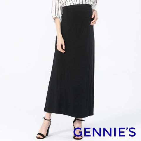 Gennies 奇妮 簡約百搭小圓孕婦長裙(黑T7N01)