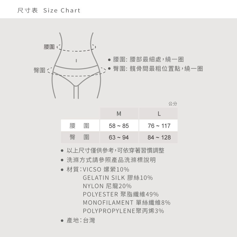 尺寸表 Size Chart臀圍腰圍 腰圍: 腰部最細處,繞一圈 臀圍:髖骨間最粗位置點,繞一圈ML腰58 8576 117臀圍84 128 以上尺寸僅供參考,可依穿著習慣調整 洗滌方式請參照產品洗滌標說明材質:VICSO 嫘縈10%GELATIN SILK 膠絲10%NYLON 尼龍20%POLYESTER 聚脂纖維49%MONOFILAMENT 單絲纖維8%POLYPROPYLENE聚丙烯3% 產地:台灣公分