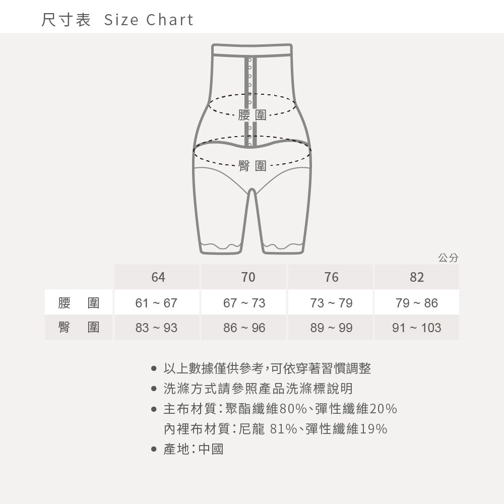 尺寸表 Size Chart  臀圍公分6470768291 103 以上數據僅供參考,可依穿著習慣調整 洗滌方式請參照產品洗滌標說明布材質:聚酯纖維80%、彈性纖維20%內裡布材質:尼龍 81%、彈性纖維19% 產地:中國