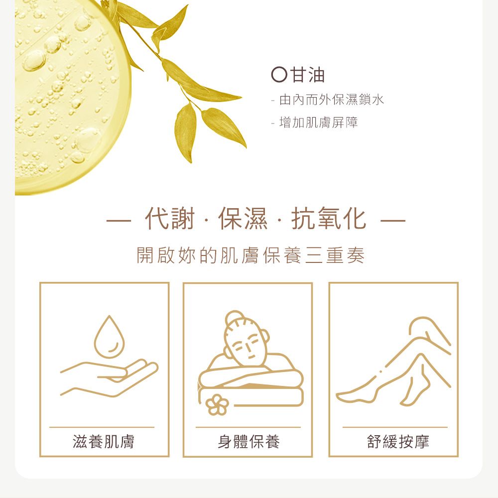 甘油 由內而外保濕鎖水 增加肌膚屏障保濕·抗氧化-開啟妳的肌膚保養三重奏滋養肌膚身體保養舒緩按摩