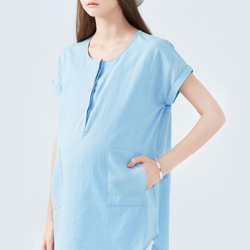 Gennies 奇妮 無印風牛仔襯衫式哺乳上衣(淺藍)