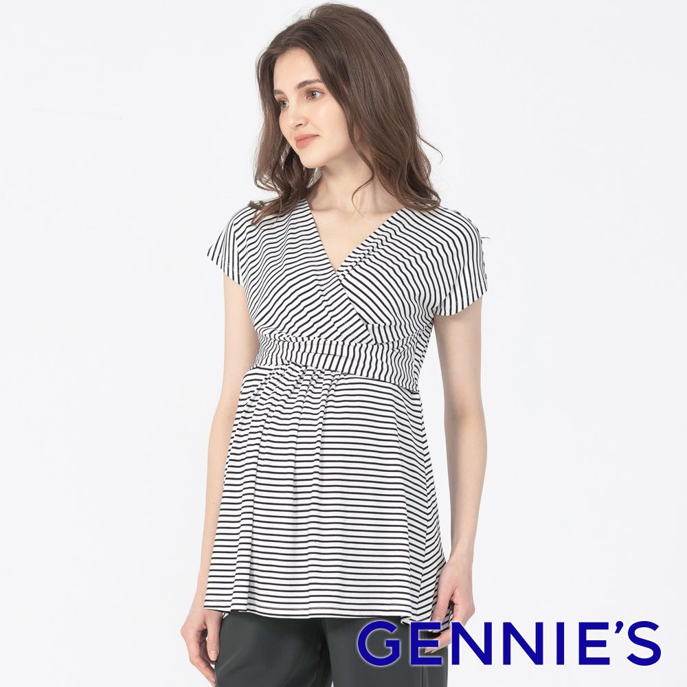 Gennies 奇妮 大V領纏繞哺乳上衣(白底黑條)