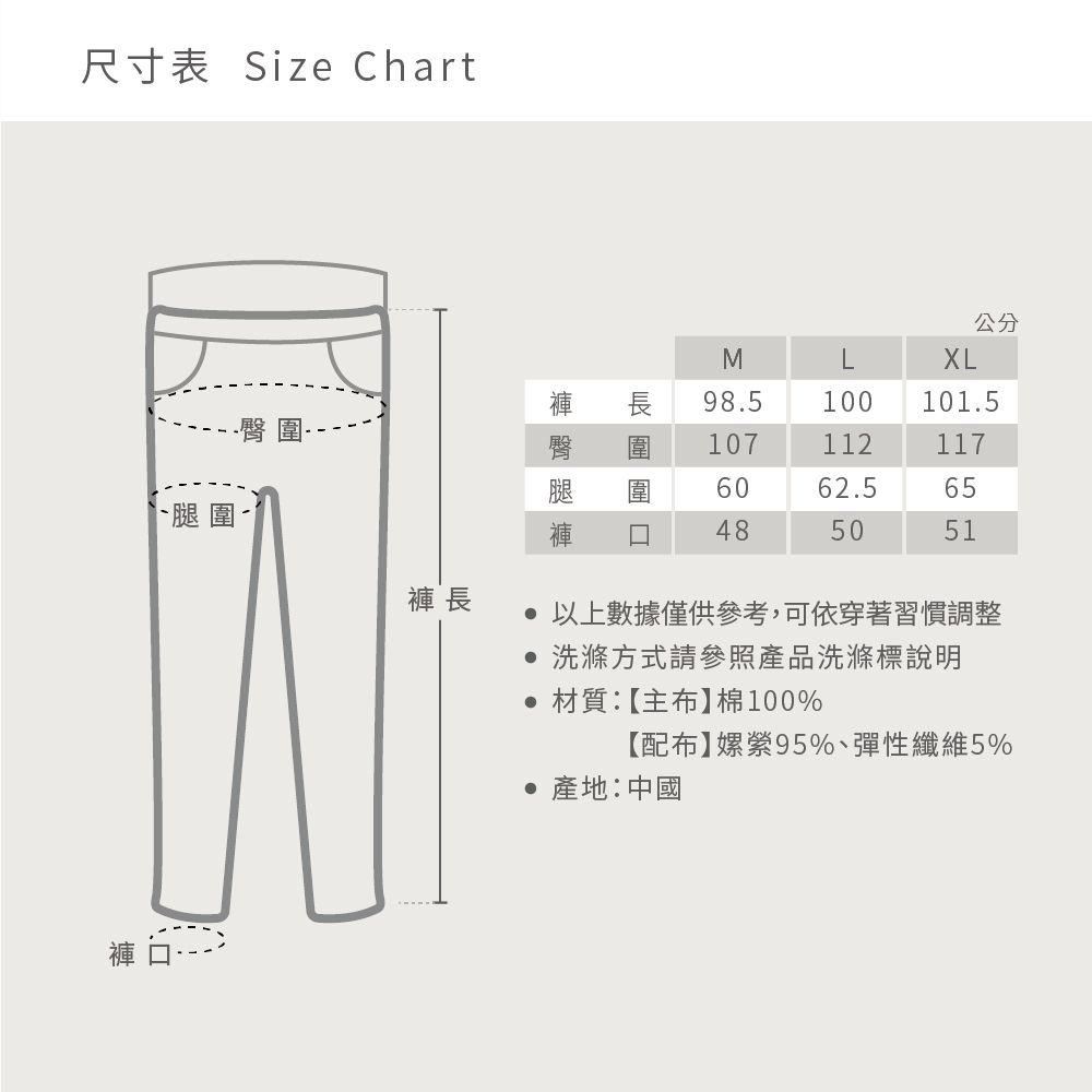 尺寸表 Size Chart臀圍 長圍褲公分MXL98.5100101.51071121176062.565485051 以上數據僅供參考,可依穿著習慣調整 洗滌方式請參照產品洗滌標說明材質:【主布棉100%【配布】嫘縈95%、彈性纖維5% 產地:中國