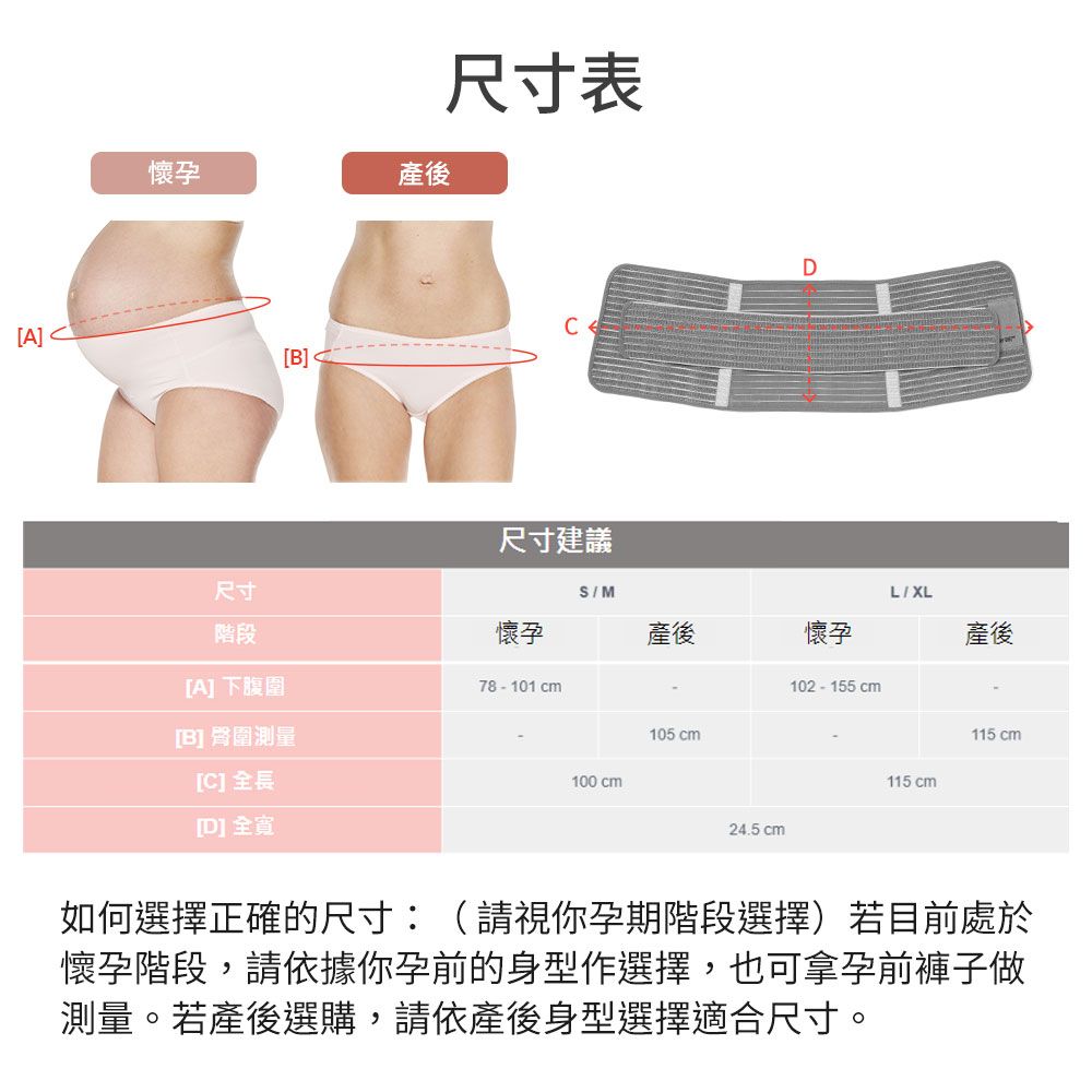 懷孕產後尺寸表[A][B]尺寸尺寸建議SMDLXL階段懷孕產後懷孕產後[A]下腹圍78 - 101cm102-155cm[B] 臀圍測量105 cm[C] 全長[D]全100 cm24.5 cm115 cm115 cm如何選擇正確的尺寸:(請視你孕期階段選擇)若目前處於懷孕階段,請依據你孕前的身型作選擇,也可拿孕前褲子做測量。若產後選購,請依產後身型選擇適合尺寸。