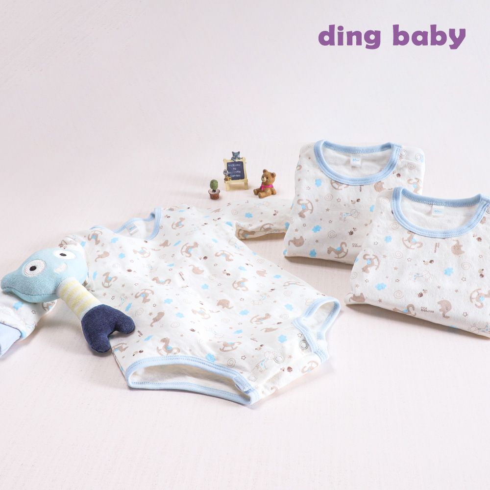 DING BABY DINGBABY 歡樂木馬肩開長袖連身衣三入禮盒組-藍