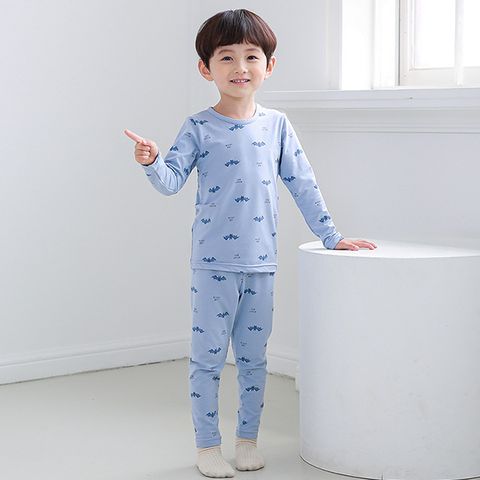 Cogibu 正韓  極舒適無螢光劑幼兒/兒童 AERO WARM 有機發熱衣睡衣/家居服套裝組_藍蝙蝠_CGD002