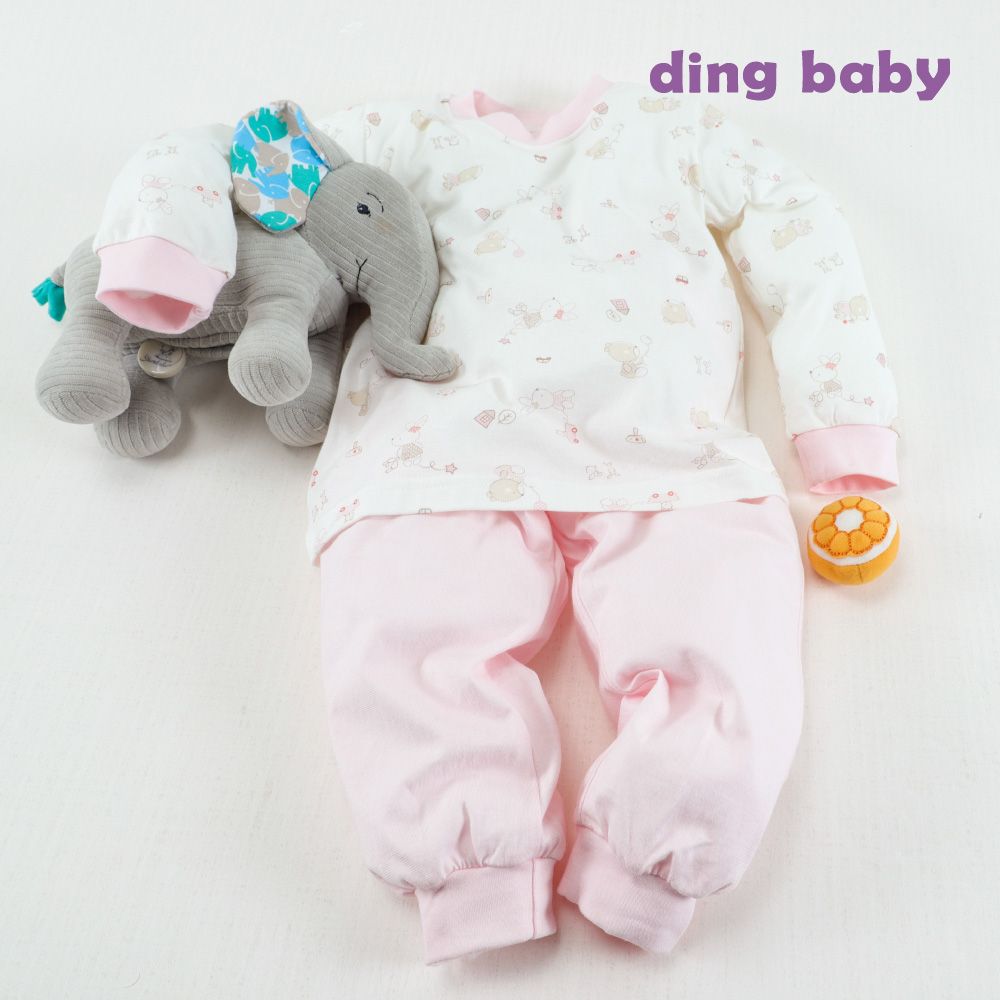 DING BABY  兔熊長袖圓領冷氣衫套裝-粉色90-120cm