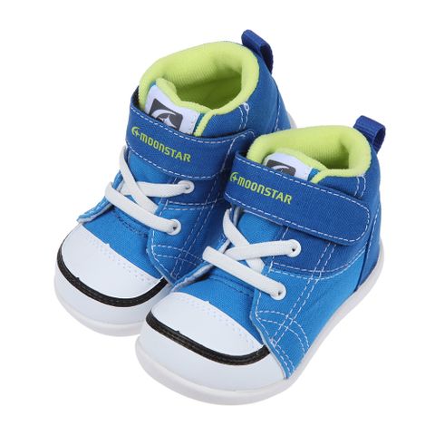 《布布童鞋》Moonstar日本藍色帆布寶寶中筒機能學步鞋(13~14.5公分) [ I1T366B ]