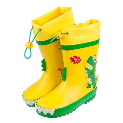 《布布童鞋》3D立體恐龍亮彩黃色束口款兒童橡膠雨鞋(18~23公分) [ O0N13AK ]