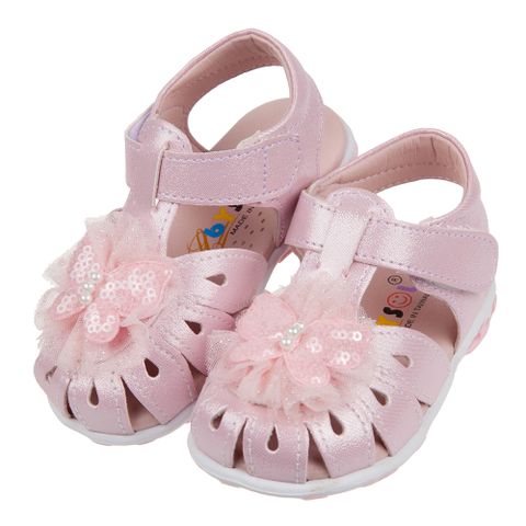《布布童鞋》蕾絲蝴蝶粉色真皮寶寶涼鞋(13.5~17公分) [ K1B055G ]