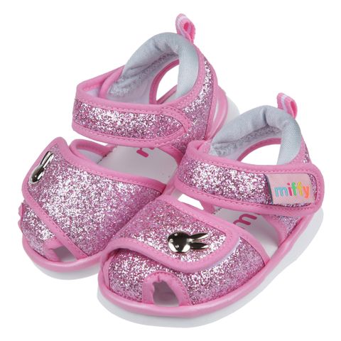 《布布童鞋》Miffy米飛兔金蔥粉色小兔兔寶寶護趾嗶嗶涼鞋(13~15公分) [ L1K202G ]